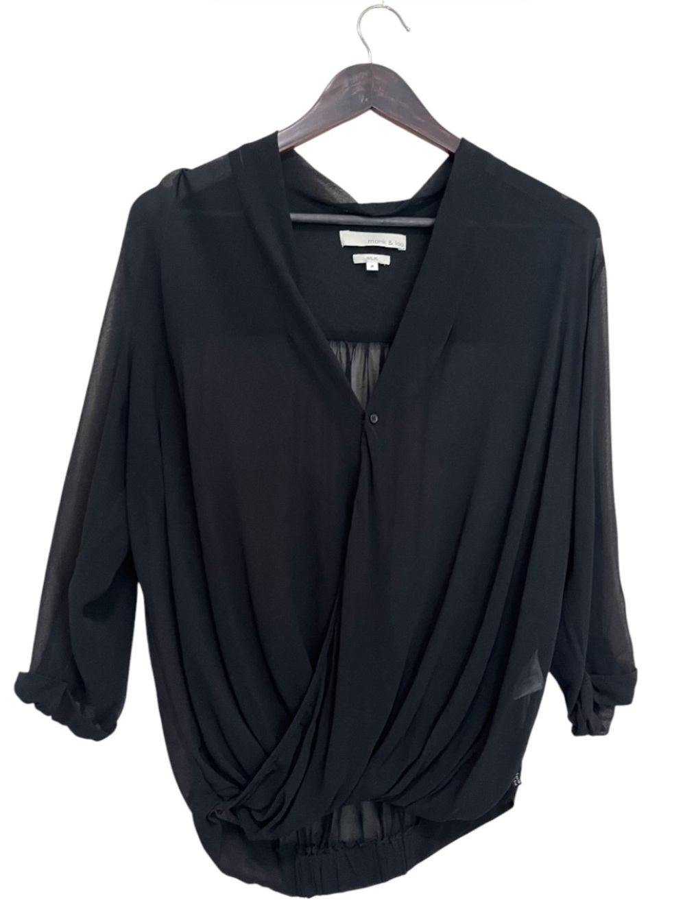 Monk & Lou 100% Silk Black Draped Crossover V-Neck Blouse